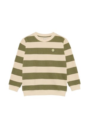 Kinder sweater met lange mouwen, voorzien van brede olijfgroene en crèmekleurige horizontale strepen en een klein rond logo op de linkerkant van de borst.