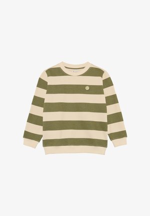 Felpa a maniche lunghe per bambini con ampie strisce orizzontali verde oliva e crema e una piccola toppa rotonda con logo sul petto sinistro.