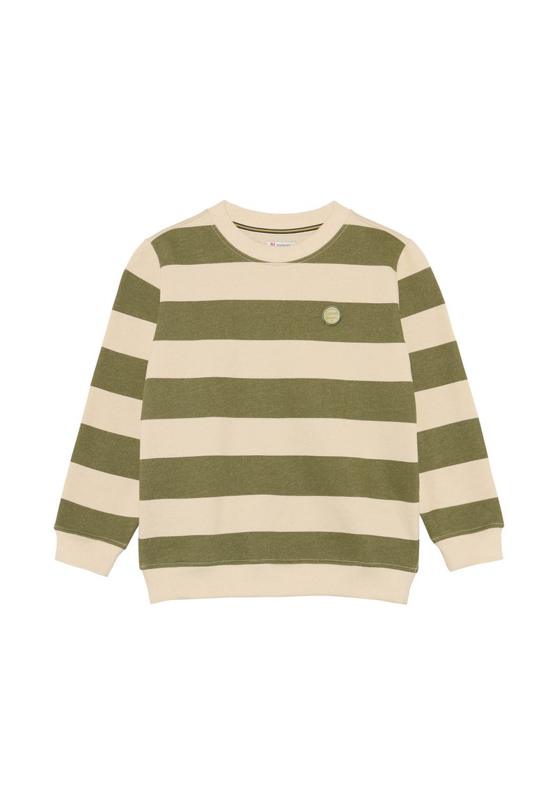 Kinder sweater met lange mouwen, voorzien van brede olijfgroene en crèmekleurige horizontale strepen en een klein rond logo op de linkerkant van de borst.