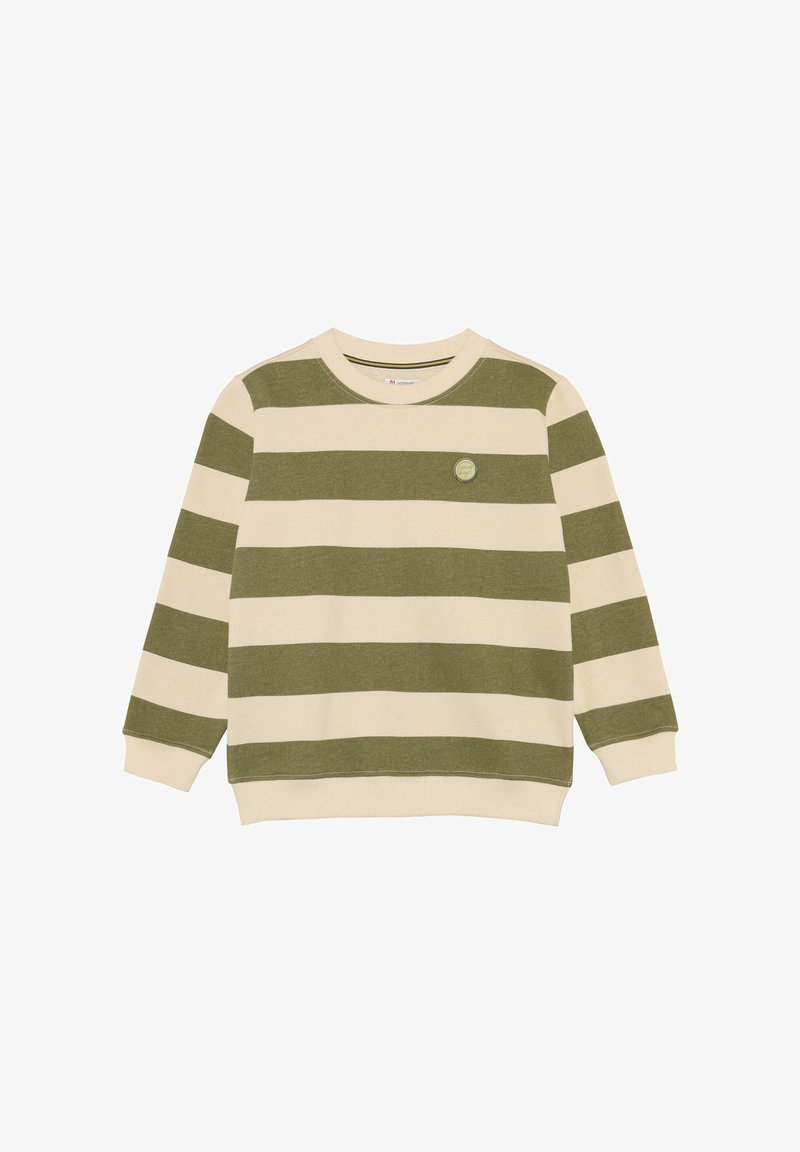 Child's long-sleeve sweatshirt with wide olive green and cream horizontal stripes and a small round logo patch on the left chest.