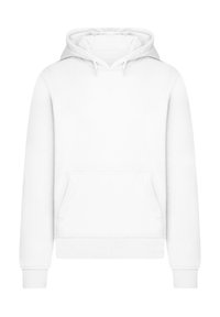 White pullover hoodie made of soft fabric, featuring a kangaroo pocket, ribbed cuffs, and a lined drawstring hood.