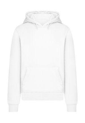 White pullover hoodie made of soft fabric, featuring a kangaroo pocket, ribbed cuffs, and a lined drawstring hood.