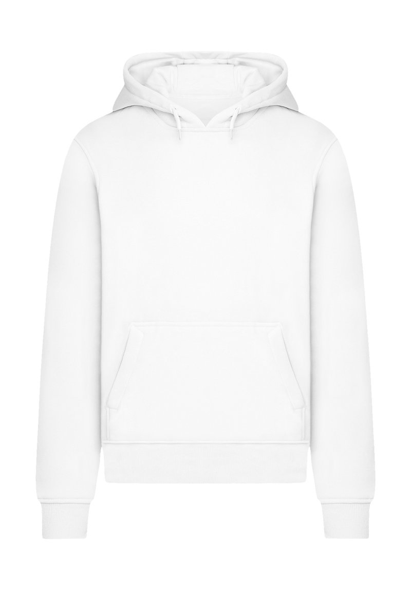 White pullover hoodie made of soft fabric, featuring a kangaroo pocket, ribbed cuffs, and a lined drawstring hood.