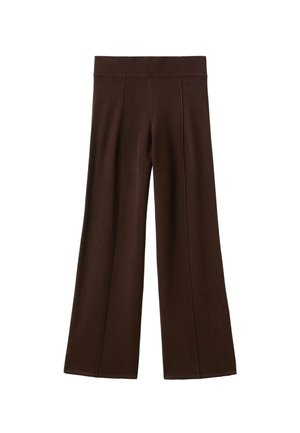 Pantalones anchos marrones con una cinturilla elástica estriada y detalles de costura vertical sobre un fondo blanco.