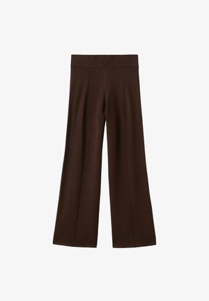 Brown wide-leg pants with a ribbed elastic waistband and vertical seam details on a white background.