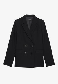 Černý dvouřadý blazer vyrobený z hladké tkaniny, s klopovým límcem, dvěma předními kapsami a čtyřmi dekoračními knoflíky vpředu.