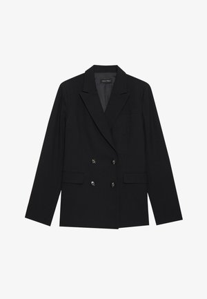 Blazer noir croisé en tissu lisse, avec un revers cranté, deux poches avant et quatre boutons décoratifs à l'avant.