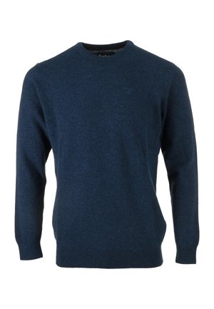 Dunkelblauer Pullover mit Rundhalsausschnitt und langen Ärmeln, mit kleinem gesticktem Logo auf der linken Brustseite und gerippten Bündchen und Saum.