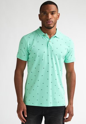 Licht muntgroen poloshirt van een katoenmengsel, met een micropatroon van zwarte ontwerpen, knoopsluiting met drie knopen en korte mouwen.