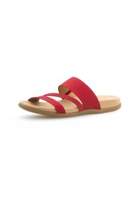 Red slide sandal with two wide fabric straps and a cushioned beige footbed. The outsole is flexible and made of rubber.