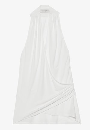 White sleeveless top featuring a draped design with a gathered neckline and an asymmetrical hem. Made from soft, lightweight fabric.