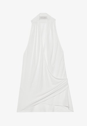 White sleeveless top featuring a draped design with a gathered neckline and an asymmetrical hem. Made from soft, lightweight fabric.