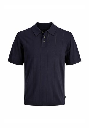 Tricou polo bleumarin cu mâneci scurte, cu plachetă cu nasturi, detalii de cusături verticale și guler și manșete striate.