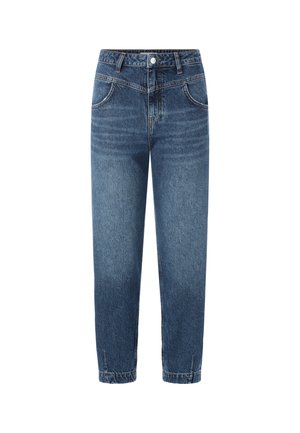 Blaue Jeans aus Denim mit hoher Taille, fünf Taschen und geradem Bein, das dezente Ausbleichungen und Nähakzente aufweist.