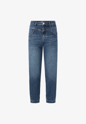 Blaue Jeans aus Denim mit hoher Taille, fünf Taschen und geradem Bein, das dezente Ausbleichungen und Nähakzente aufweist.