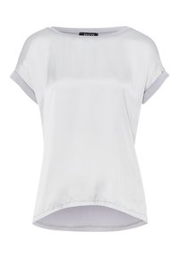 Korte mouw, lichtgrijze blouse in een gladde, satijnachtige stof met een afgeronde zoom en contrasterende grijze manchetten.