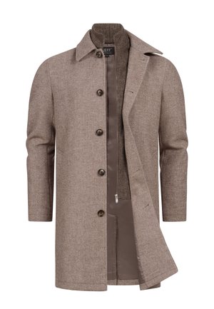 Brauner Wollmantel in Fischgrätmuster mit Kragen, fünf vorderen Knöpfen und einem Reißverschluss-Innenfutter, das aus einem strukturierten Rippstoff besteht.