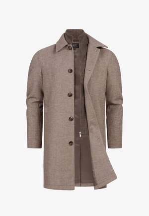 Brauner Wollmantel in Fischgrätmuster mit Kragen, fünf vorderen Knöpfen und einem Reißverschluss-Innenfutter, das aus einem strukturierten Rippstoff besteht.