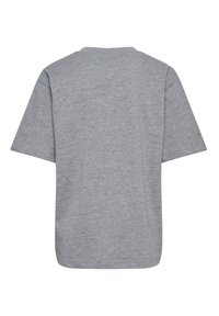 Prosty szary T-shirt z krótkim rękawem i okrągłym dekoltem, pokazany z tyłu na białym tle.