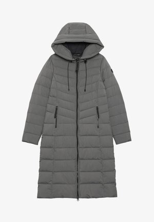 Abrigo acolchado largo y gris con capucha. Presenta un diseño acolchado, cremallera frontal y dos bolsillos laterales con cremalleras. Cuerdas de tiro en la capucha.