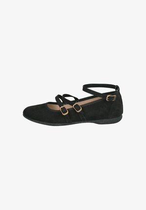 Zapatillas de ballet de ante negro con tiras cruzadas, dos hebillas metálicas en el lateral, puntera redonda y suela plana de goma.