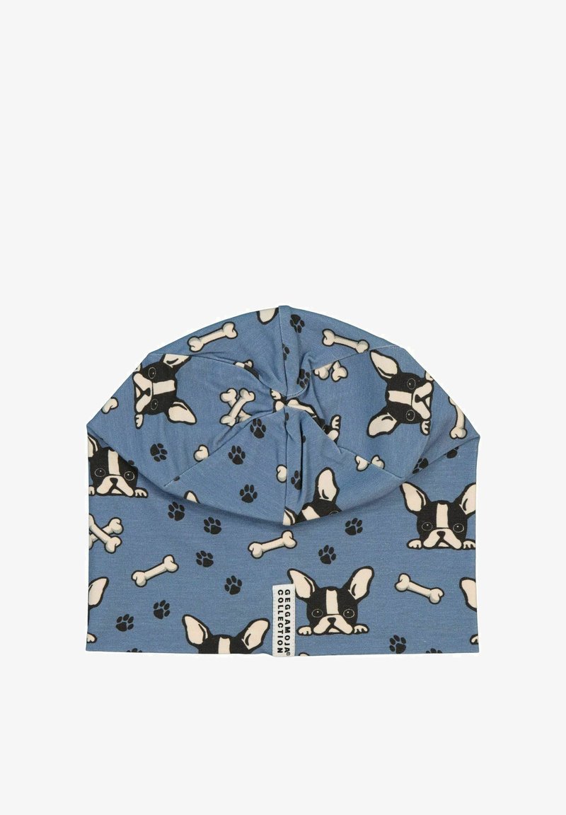 Blå stofstrik hat med et trykt mønster af franske bulldogs, knogler og poter. Har et snoet design på toppen. Blød tekstur.