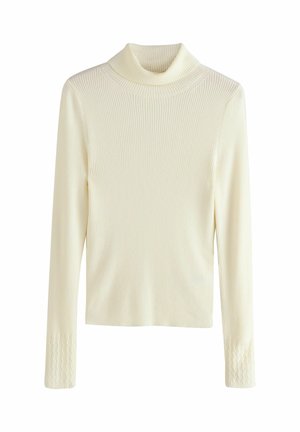 Ribbede turtleneck sweater i lys elfenben, med lange ærmer og teksturerede detaljer ved manchetterne. Blødt, strækbart stof.