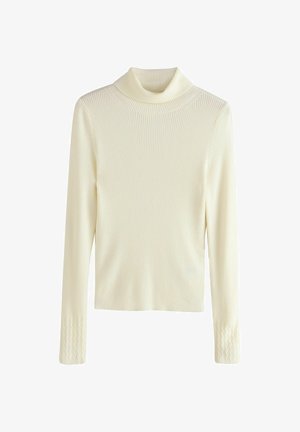 Pull encolure montant côtelé en ivoire clair, présentant des manches longues et des accents texturés au niveau des poignets. Tissu doux et extensible.