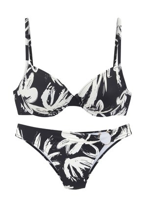Black and white floral patterned two-piece bikini with underwire cups, adjustable straps, and decorative metal ring on the bikini bottom.