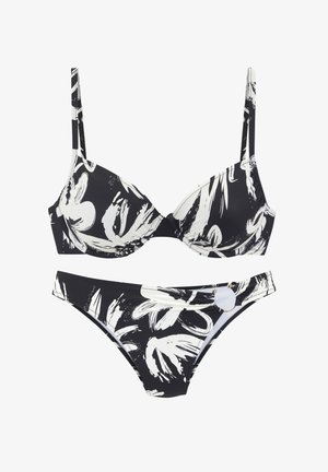 Schwarz-weiß geblümter zweiteiliger Bikini mit Bügelcups, verstellbaren Trägern und dekorativem Metallring am Bikinihöschen.