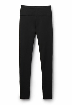 Schwarze Leggings aus glattem, dehnbarem Material. Hoher Bund mit nahtlosem Design und ohne sichtbare Nähte oder Muster.