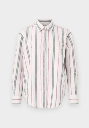 Nööpidega särk, millel on vertikaalsed triibud roosas, hallis ja valges. Omab kraed, pikki varrukaid ja vasakul rinnal taskut. Siidist materjal.