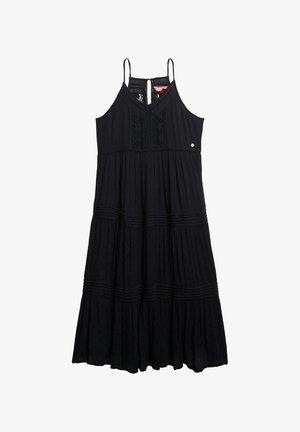 Zwarte mouwloze jurk met V-hals en verstelbare banden. Heeft een gelaagd ontwerp, floral kantaccenten en een geplooide rok.