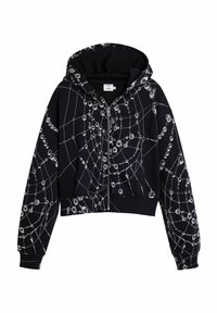 Sudadera corta negra con un patrón de telaraña y detalles en blanco y plata. El material es suave, con un cierre frontal y una capucha con cordón.