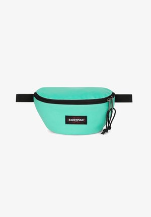 Turquoise Eastpak fanny pack with a curved design, black zipper, and adjustable strap. Features a logo patch on the front. Durable fabric.