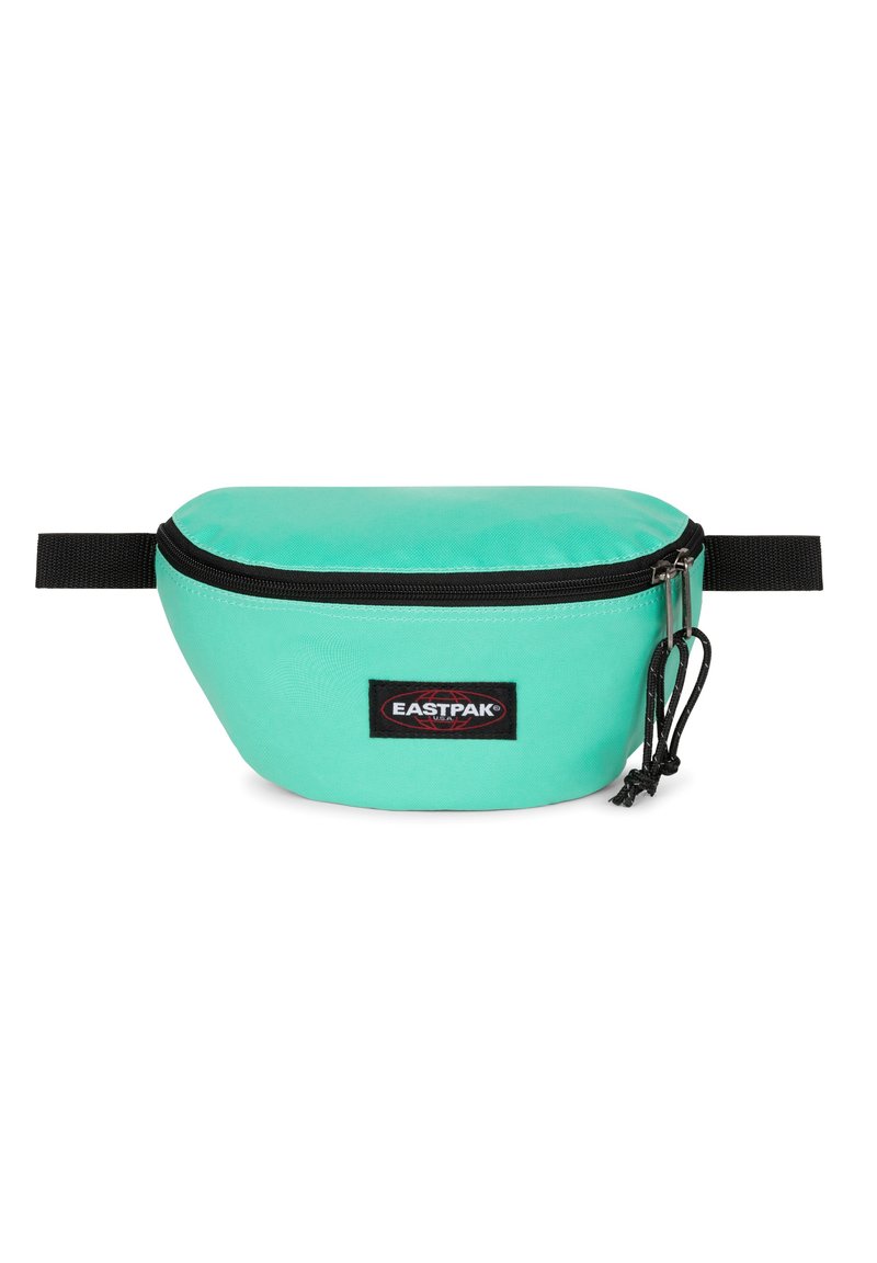 Marsupio Eastpak turchese con design curvo, zip nera e tracolla regolabile. Presenta una toppa con logo sul davanti. Tessuto resistente.