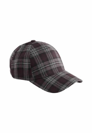 Casquette de baseball avec motif à carreaux noir et gris foncé, visière incurvée et bouton sur le dessus, présentée sur fond blanc.