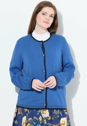 Gilet tricoté bleu avec des bordures noires, présentant un col rond, une fermeture à boutons et des coutures décoratives le long des poignets.