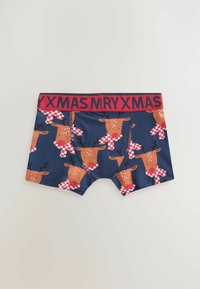 Boxeri scurți bărbătești de culoare bleumarin, cu fețe de ren care poartă eșarfe roșii și albe, talie roșie cu inscripția "MRY XMAS".