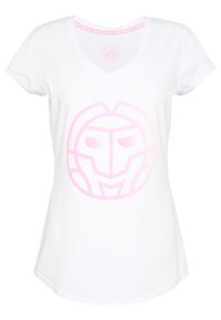 Bílé tričko s krátkým rukávem a výstřihem do V s velkým růžovým abstraktním motivem obličeje uprostřed přední strany.
