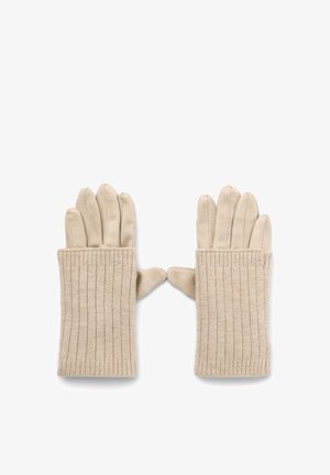 Gants en tricot beige avec des poignets côtelés, présentant une texture lisse et une couverture des doigts, conçus pour la chaleur et le confort par temps froid.