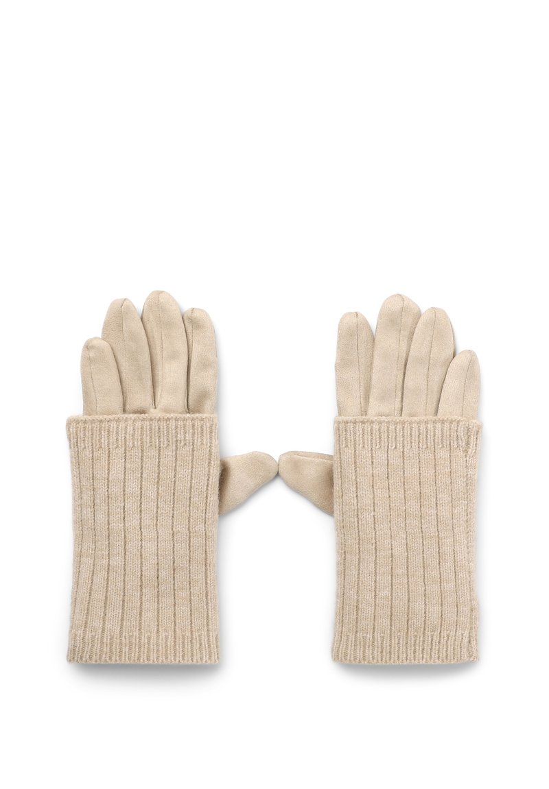 Gants en tricot beige avec des poignets côtelés, présentant une texture lisse et une couverture des doigts, conçus pour la chaleur et le confort par temps froid.