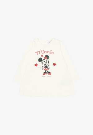 Robe pour tout-petit à manches longues de couleur crème avec un graphisme de Minnie Mouse, des cœurs rouges, et le texte "Minnie" à l'avant.