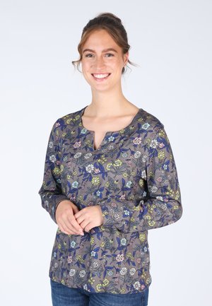 Floral-patterned long-sleeve shirt in grey, featuring a notch neckline and colorful flowers in blue, pink, and yellow tones.