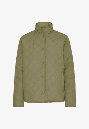 Olive green quilted jacket with a high collar, snap button closure, and side pockets. Features a soft texture and diamond pattern.