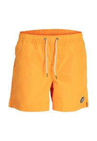 Shorts de bain orange en tissu léger, dotés d'une taille élastique avec cordon de serrage blanc et d'accents fendus sur les côtés.