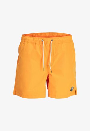 Orange swim shorts made of lightweight fabric, featuring an elastic waistband with white drawstring and side slit accents.