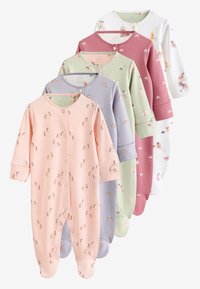 Cinq grenouillères pour bébé dans différentes couleurs pastel : rose avec des licornes, lavande avec des arcs-en-ciel, vert avec des imprimés floraux, rose et blanc. Tissu en coton.