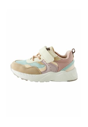 Kindersneaker in Beige, Pink, Blau und Creme mit Klettverschluss und gepolsterter Sohle, von der Seite auf weißem Hintergrund gezeigt.