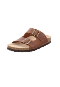 Braune Leder-Sandale mit zwei verstellbaren Schnallen, Korkfußbett und strukturiertem schwarzen Gummiaußensohle. Offenes Design mit breiten Riemen.